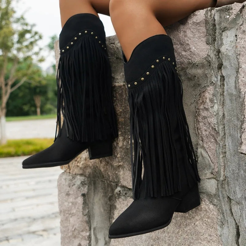 New Women's Vintage Fringe Boots Knee-High Low Chunky Heel Pointed Toe Winter Boots Female Western Cowboy Booties
