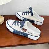 Comemore Frühling Frauen Niedlichen Bären Segeltuchschuhe Flache Beiläufige Alle-spiel Halbe Hausschuhe Koreanische Version Lace Up Damen Vulkanisierte Schuh