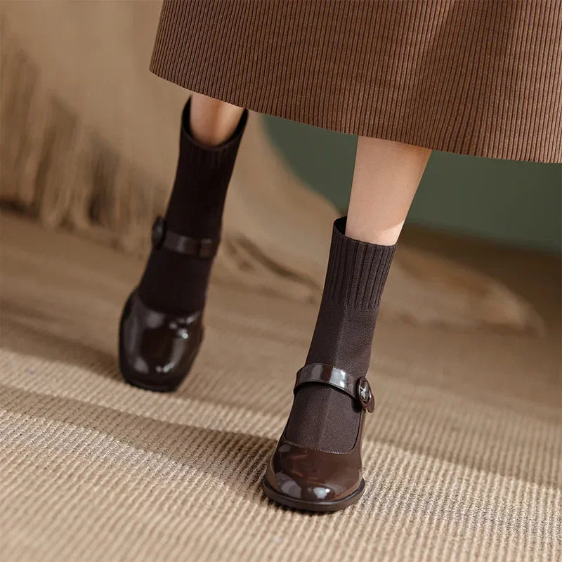 Autumn Winter Women Knit Sock Ankle Boots Fashion Slip On Square Heels Shoes Vintage Ladies Stretch Short Booties brown botas