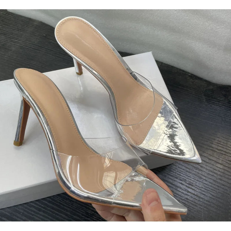 Neue Sommer-Sandalen für Damen mit hohen Absätzen, einfache, transparente Hausschuhe mit hohen Absätzen, Stiletto-Spitze, offene Hausschuhe, Pantoletten