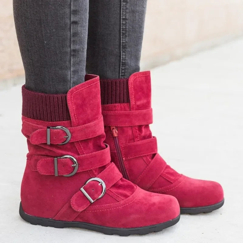 Schuhe für Damen, warme Schneestiefel, flach, Plüsch, lässige Damenschuhe, Herbstschnalle, weibliche Stiefel mit mittlerer Wade, Übergröße 35-43, Stiefel Damen