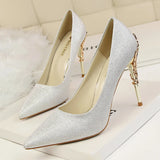 Woman 10cm High Heels Metal Heels Satin Silk Dress Fashion Pumps Lady Wedding Bridal Scarpin Catwalk Orange Green Wine Red Shoes