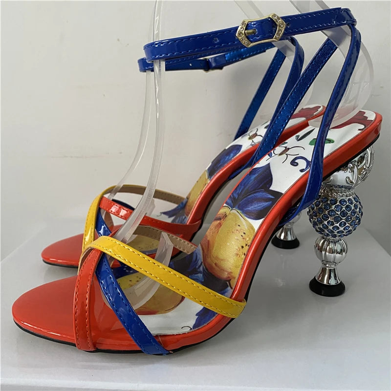 Jeweled Crystal Metal Strange Heel Sandals Women Sexy Cross Narrow Band Printed Flower Color 2024 Summer Banquet Shoes Woman
