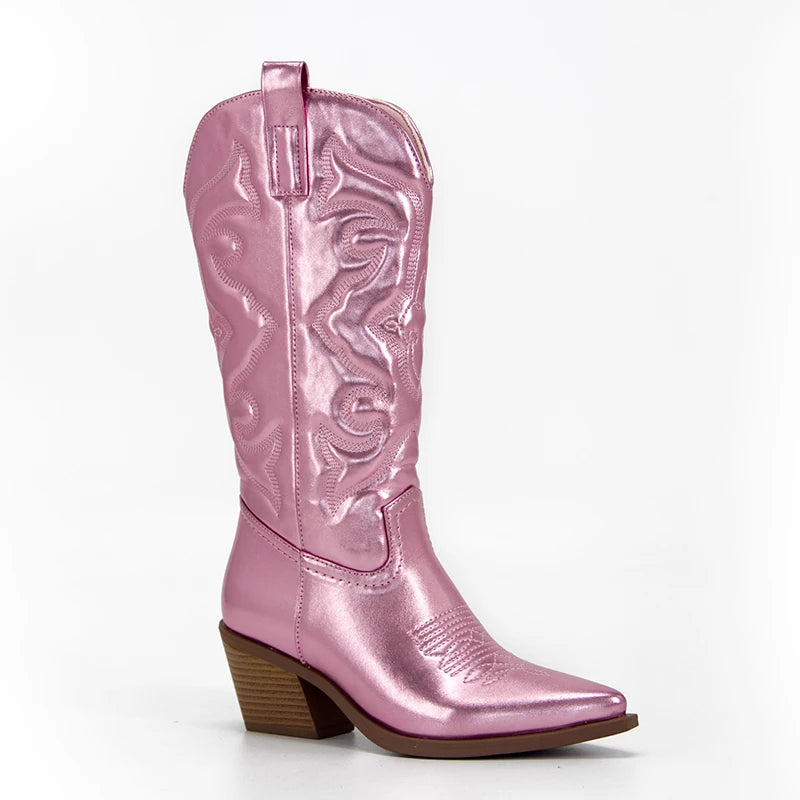 Bottes Western Cowgirl Vintage Automne Hiver Neuves à Talons Épais Bottes de Cowboy Mi-Mollet Femme Chaussures Décontractées Pour Femme