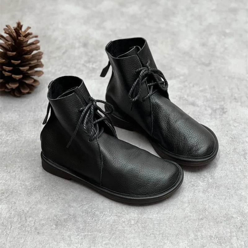 Johnature Retro Genuine Leather Short Boots 2025 New Casual Round Toe Versatile Solid Color Women's Soft Cowhide Soft Sole Shoes