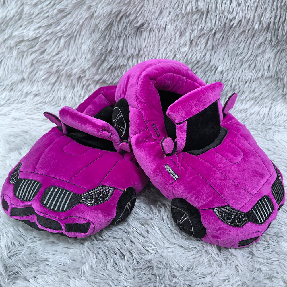 Highland Cow Car Shape Plush Shoes White CAR Racing Plush Slippers Winter Warm Soft Creative Indoor House Slipper Adults Shoe