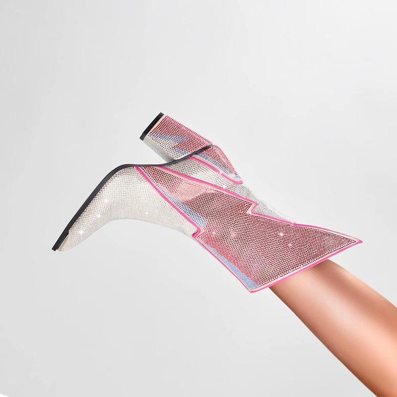 Women's New Calf Pointed Head Sexy Nightclub Europe and America Lightning Water Diamond Large Heel Short Boots