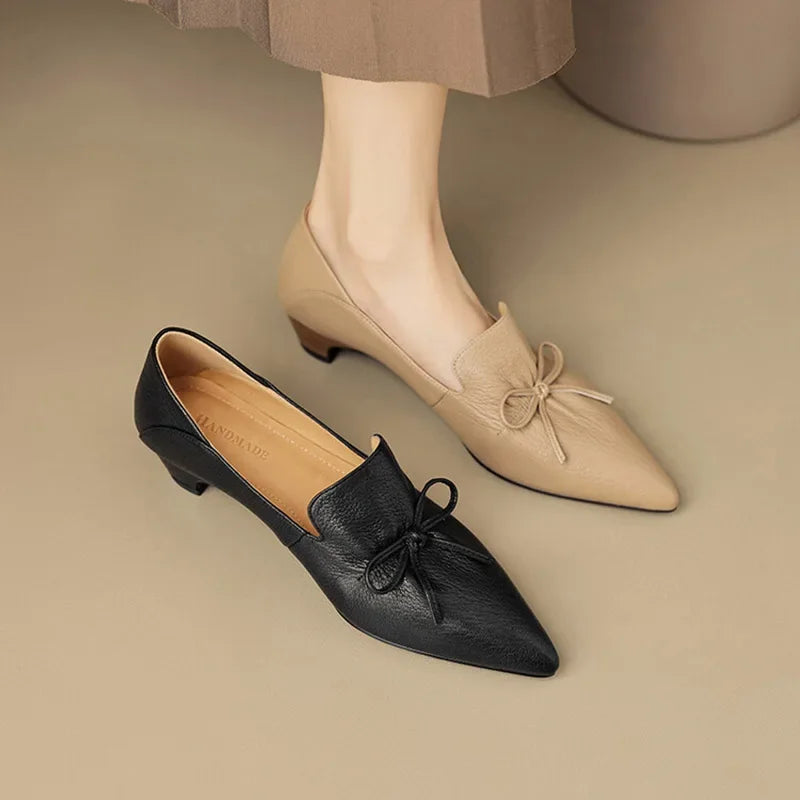 Phoentin office lady elegant black shoes Women's pointed Toe mid Heels 2024 new Genuine leather retro pumps