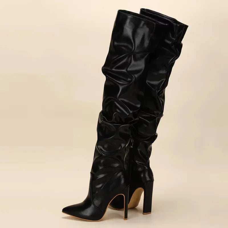 Eilyken – Bottes hautes plissées à bout pointu et fermeture éclair pour femme, chaussures tendance à talons aiguilles carrés, blanches, noires et marron