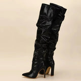 Eilyken – Bottes hautes plissées à bout pointu et fermeture éclair pour femme, chaussures tendance à talons aiguilles carrés, blanches, noires et marron
