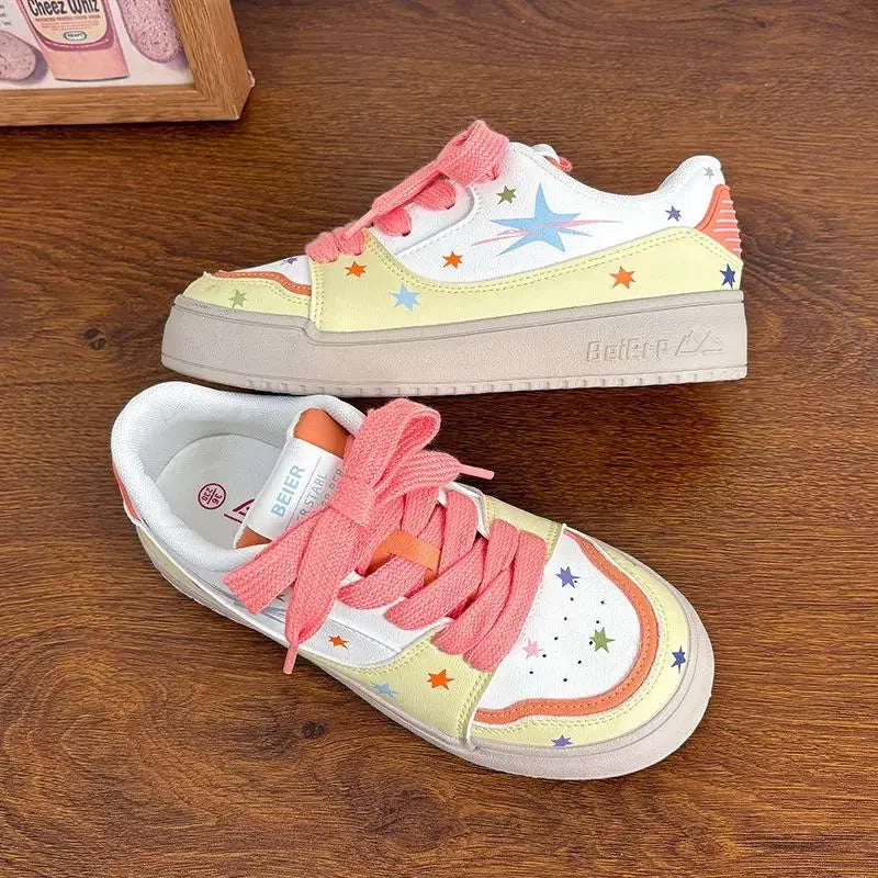 SHANPA Star Print Platform Sneakers Pu Leathers White Low-top Athletic Shoes Fashion Niche Casual Versatile Women Sport Sneaker