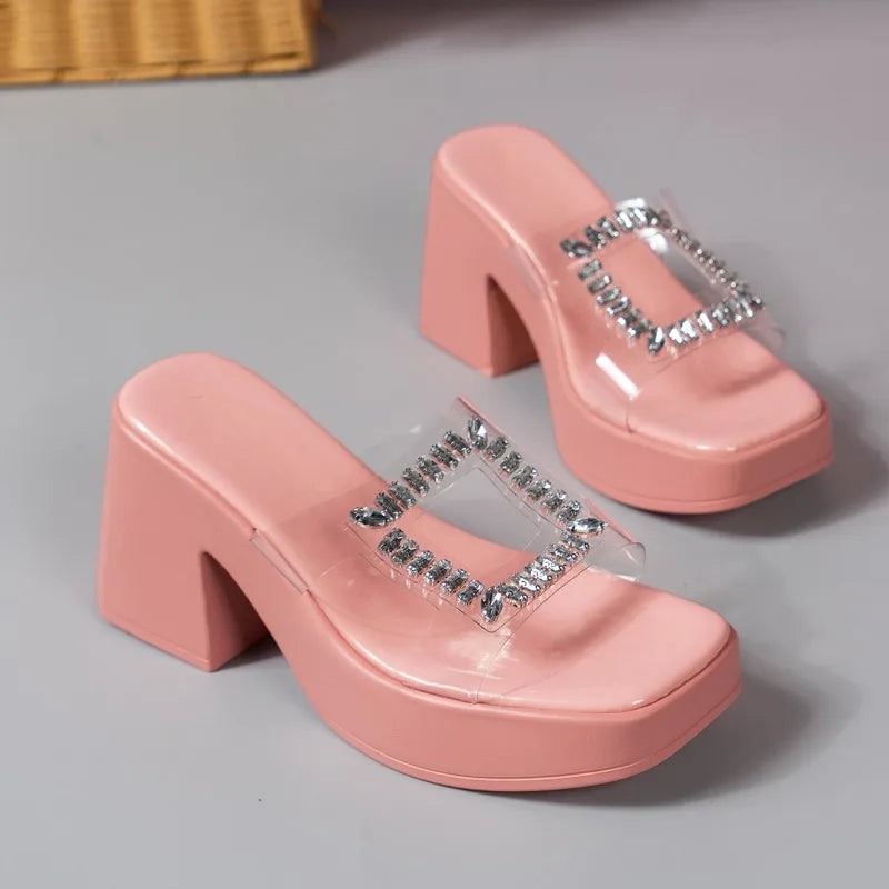 High Heels Sandals Women Summer Fashion Chunky Slippers Sandal Square Toe Thick Sole Platform Beach Shoes Lady Heeled Footwear