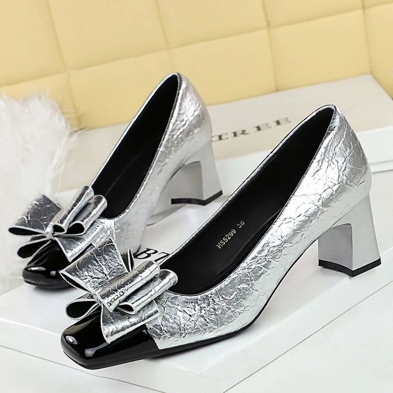 BIGTREE Fashion Bow Splice Square Head Women Pumps Kitten Thick Heel Elegant Party Spring Ladies Shoes Zapatos De Mujer