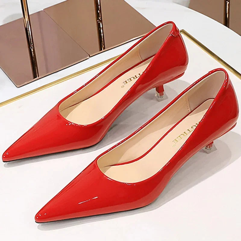 Women Fashion Sexy 4.5cm High Heels Pumps Layd Low Kitten Heels Shallow Pointed Toe Spring Bright Glossy Leather Red Nude Shoes
