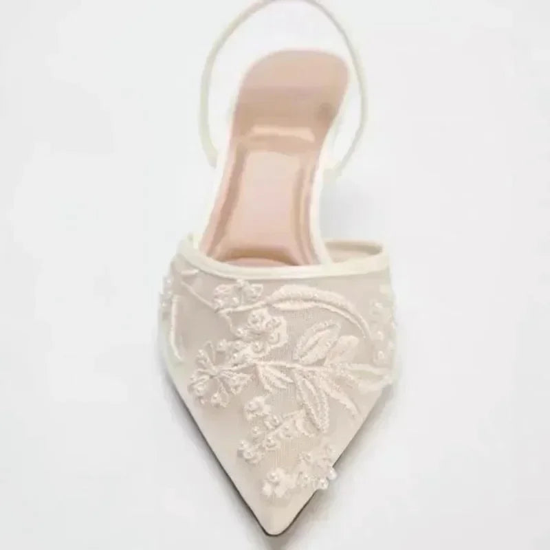 Elegant Mesh Embroidered Flowers Designer Heeled Sandals Women 2025 Summer Sexy Slingback Pointed Toe Thin High Heels Dress Shoe
