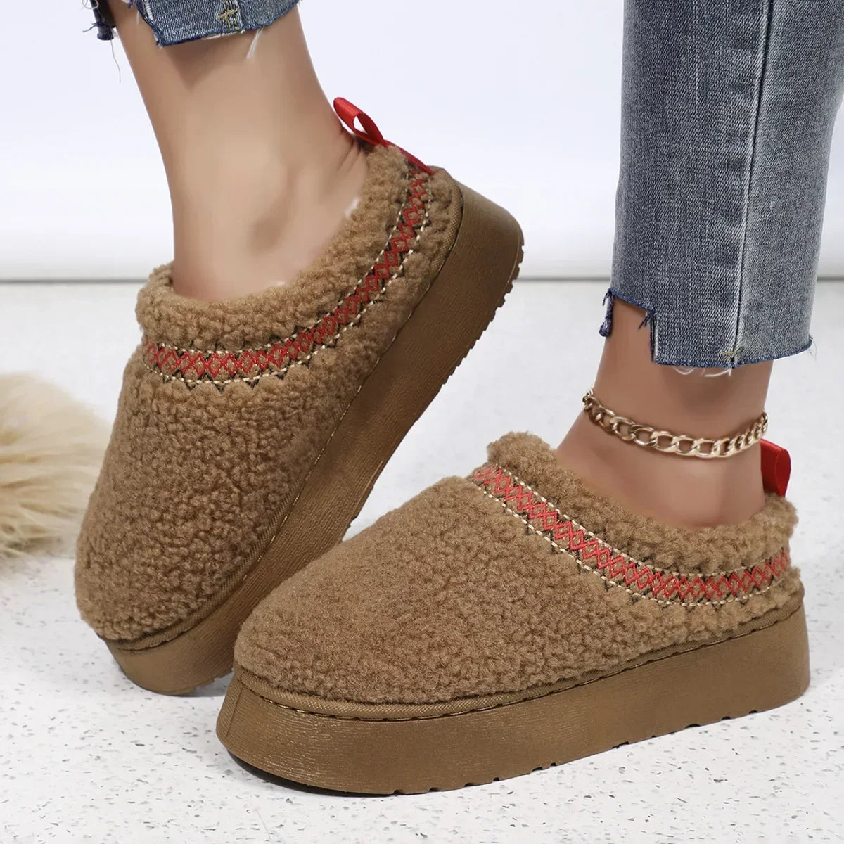 New ethnic style lace hairy half tray foreign trade snow cotton slippers Thick bottom outer wear winter bag head half slippers