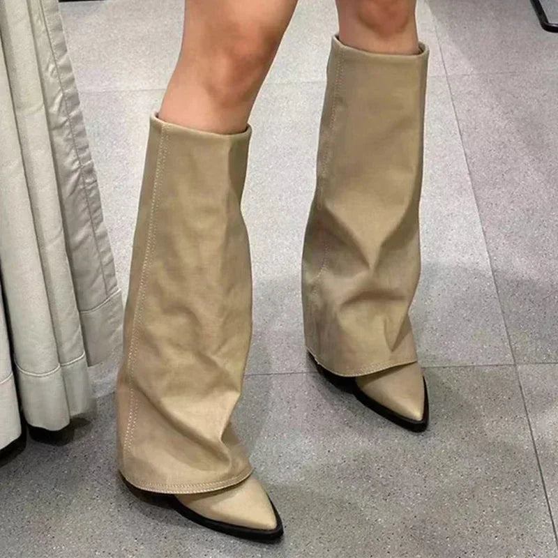 Bottes hautes en cuir épais pour femmes, chaussures à talons hauts et bout pointu, bottes Chelsea tendance, nouvelles escarpins, style gladiateur de neige