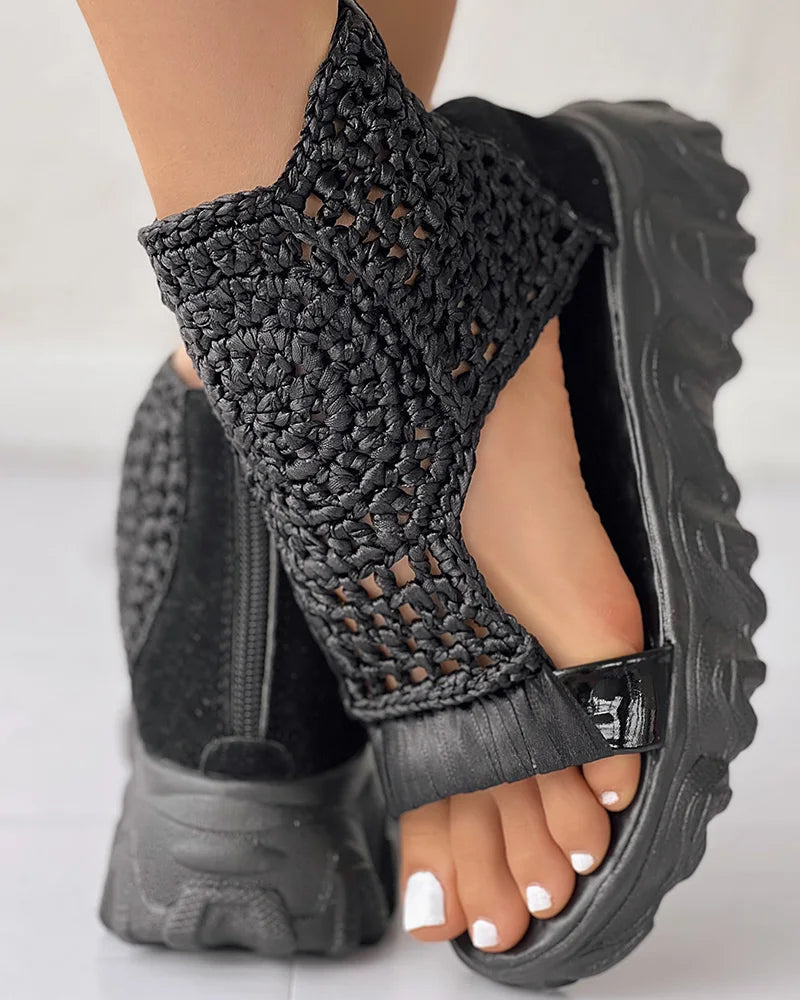 Women Sandals Braided Geometric Wedge Sandals Knitted Elastic Summer Shoes Mesh Flat Sandals Hollow Female Platform sandals gold