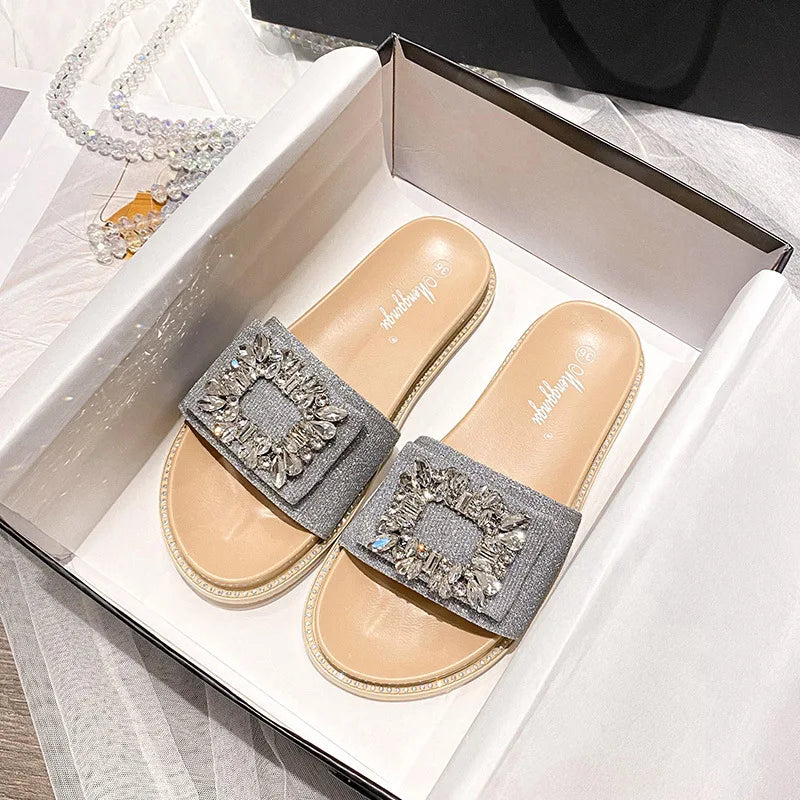 2023 pantoufles à boucle en cristal strass femmes marque design cristal double tongs femme plateforme diapositives sandales grande taille 43