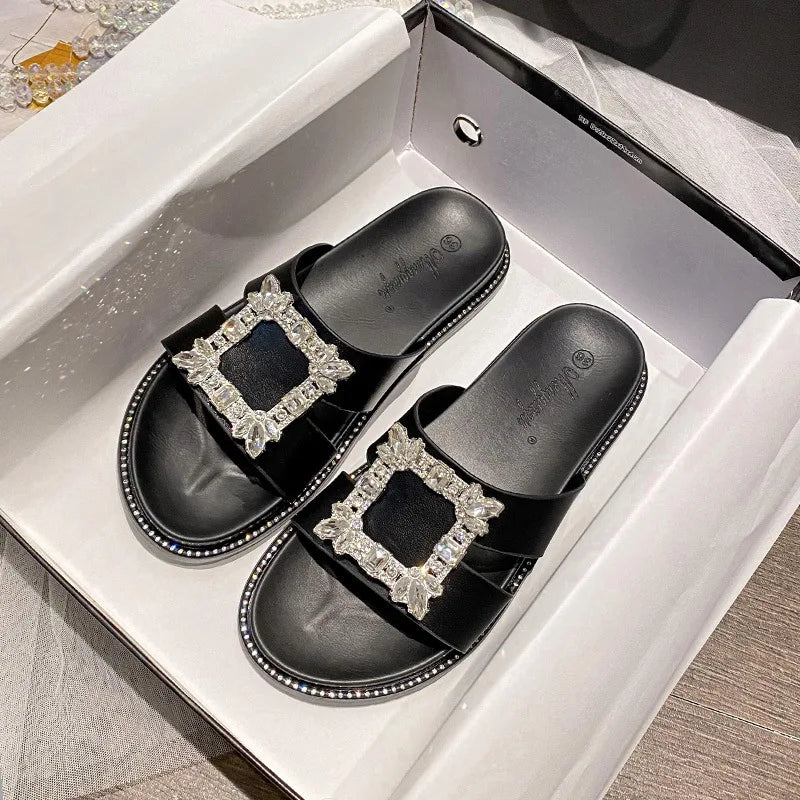 2023 pantoufles à boucle en cristal strass femmes marque design cristal double tongs femme plateforme diapositives sandales grande taille 43