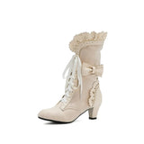 Autumn Winter Vintage Women Victorian Boots Lace Up High Heel Bootie Ruffle Trim Lolita Princess Cosplay Tea Party Costume Shoes