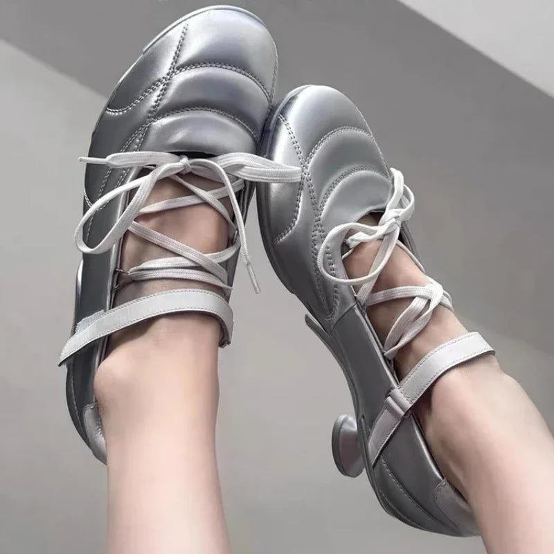 Designer Heeled Ballet Pumps Women Round Toe Cross Lace Up Strange Shoes Sporty Style Silver Brand Low Heeled Shoes