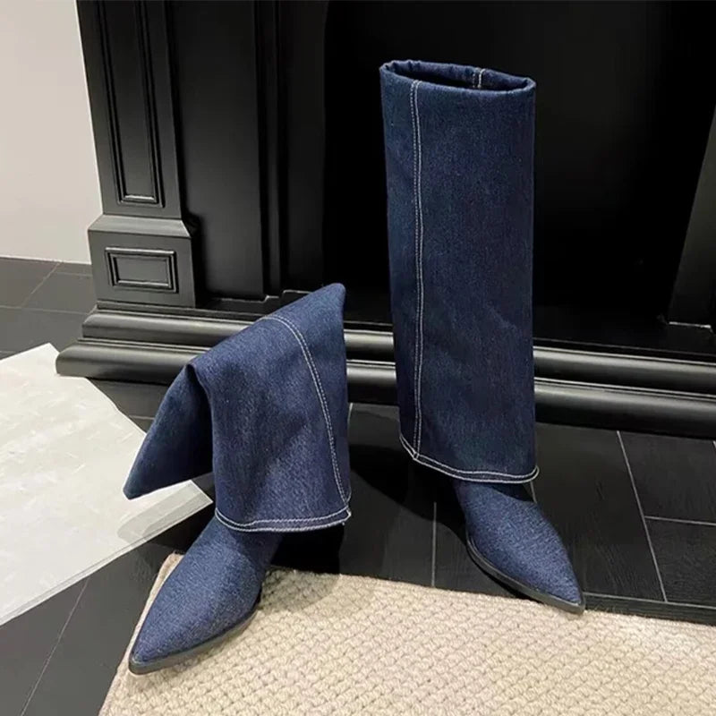 Bottes hautes en cuir épais pour femmes, chaussures à talons hauts et bout pointu, bottes Chelsea tendance, nouvelles escarpins, style gladiateur de neige