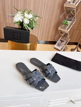 Summer Women's Slippers Genuine Leather Square Toe Open Toe Flat Bottom Fashion Party Shoes Plus Size 34-44 Outdoor Beach Shoes