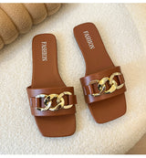 Nouvelles pantoufles plates léopard pour femmes, chaussures plates à bout carré avec chaîne en métal américaine, sandales pour femmes, pantoufles Zapatos, 2024