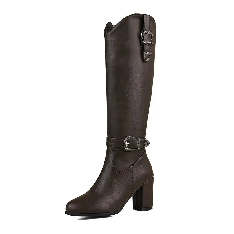 Girseaby British Style Women Knee High Boots Round Toe Block Heel 7.5cm Zipper Plus Size 51 52 Fashion Riding Bota