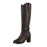 Girseaby British Style Women Knee High Boots Round Toe Block Heel 7.5cm Zipper Plus Size 51 52 Fashion Riding Bota