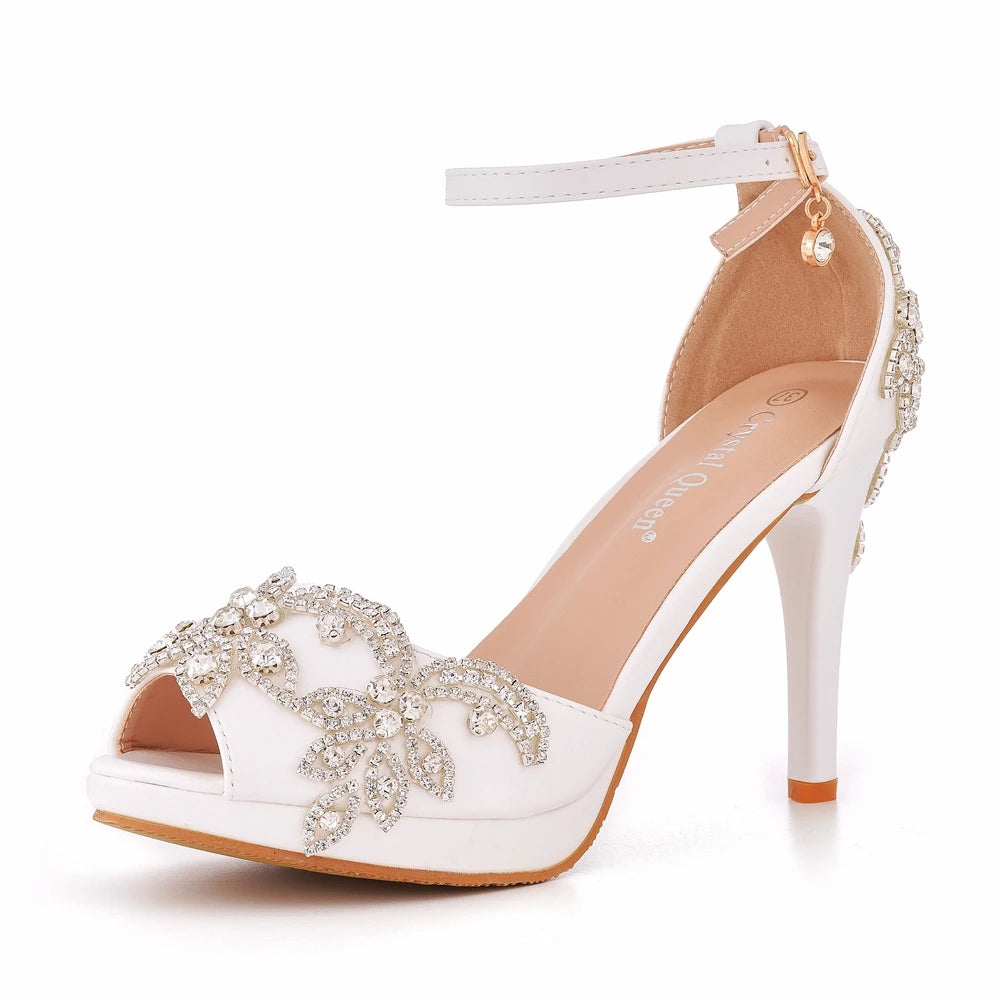 Women Wedding Shoes Bride Sandals White Rhinestones Silver Platform Dress Thin High Heels Ladies Pumps