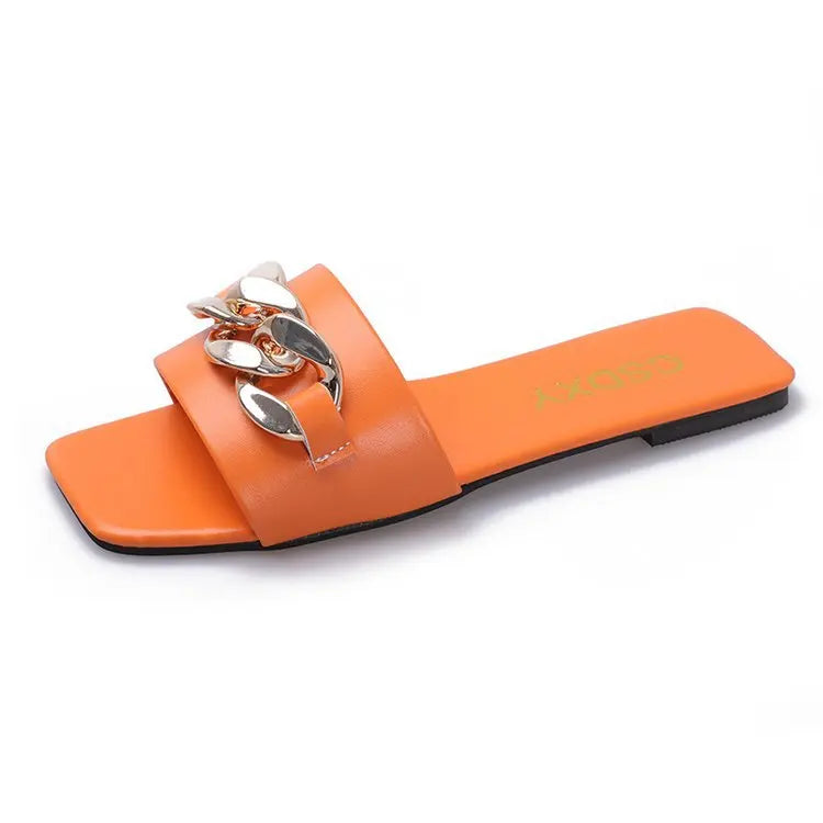 2022 New Fashion Women's Slippers Square Toe Chain Slippers Flat Slide Sandals Beach Flip Flops Metal Decoration Casual Shoes