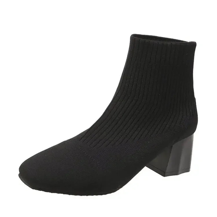Stretch  Sock Boots For Women Shoes Square Heel Yellow Knitting shoes Elastic Cottton Boots Lady Footwear