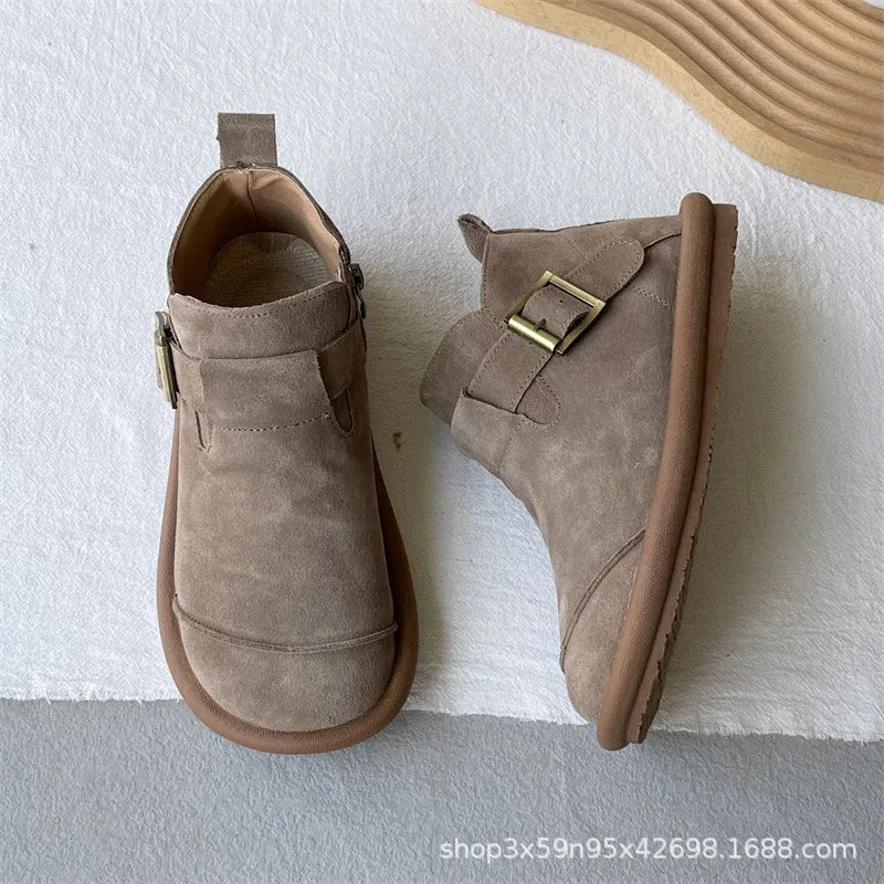 Bottes en daim de vache pour femmes, style rétro, en cuir de vache, style collège, polyvalentes, pour l'Angleterre, chaussures de neige simples et décontractées