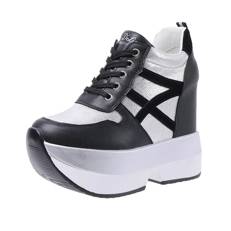 Autumn Women High Platform Shoes Height Increasing Casual Shoes 12 CM Thick Sole Trainers Breathable Shoes Women Sneakers