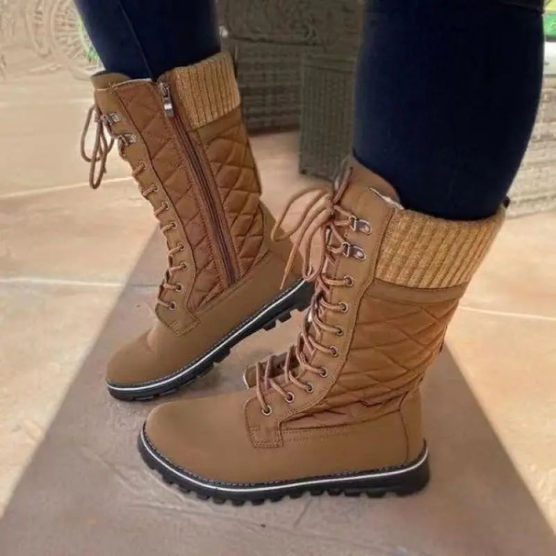 Waterproof women's winter boots with faux fur thermal Women Boots Mid-calf Wedge High Heel Platform Lace Up Zip Ladies Pumps Fem