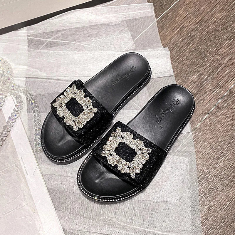 2023 pantoufles à boucle en cristal strass femmes marque design cristal double tongs femme plateforme diapositives sandales grande taille 43