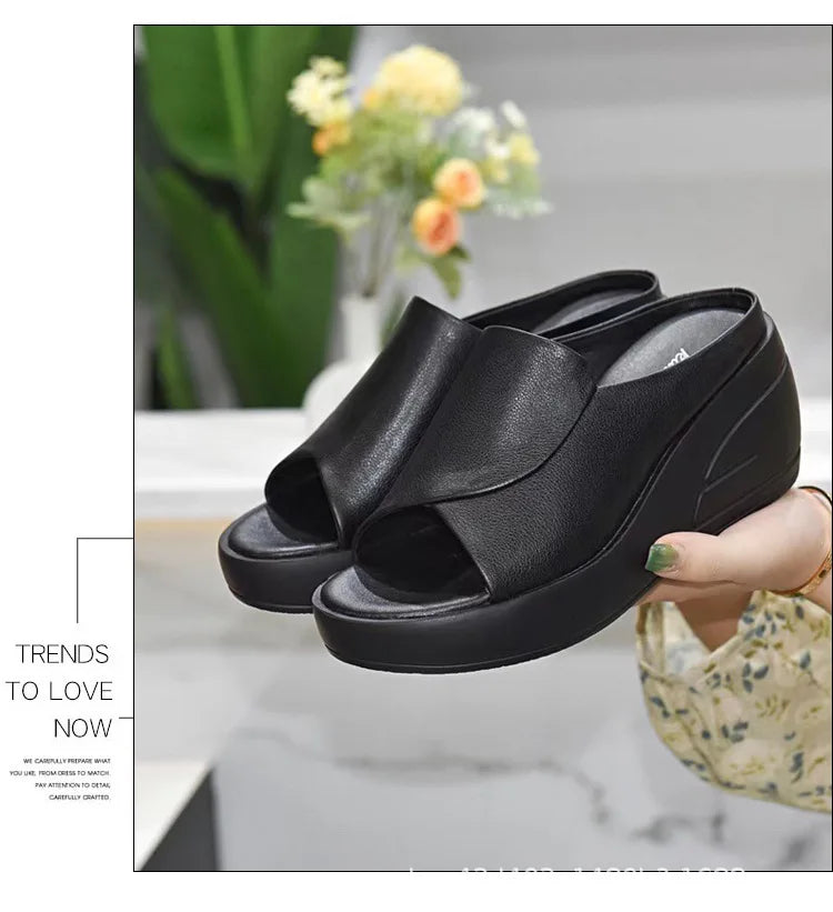 Sandales pour femmes, pantoufles noires à plateforme compensée, bout ouvert, orthopédiques, semelle épaisse, chaussures de plage à talons hauts