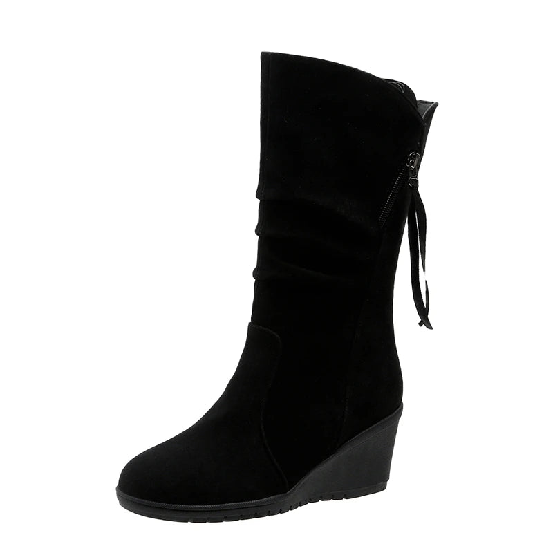Vintage Faux Suede Wedge Ankle Boots for Women's 2024 Autumn Winter Warm Plush Flat Heels Short Boots Woman Slip on Cowboy Botas