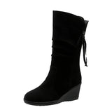Vintage Faux Suede Wedge Ankle Boots for Women's 2024 Autumn Winter Warm Plush Flat Heels Short Boots Woman Slip on Cowboy Botas