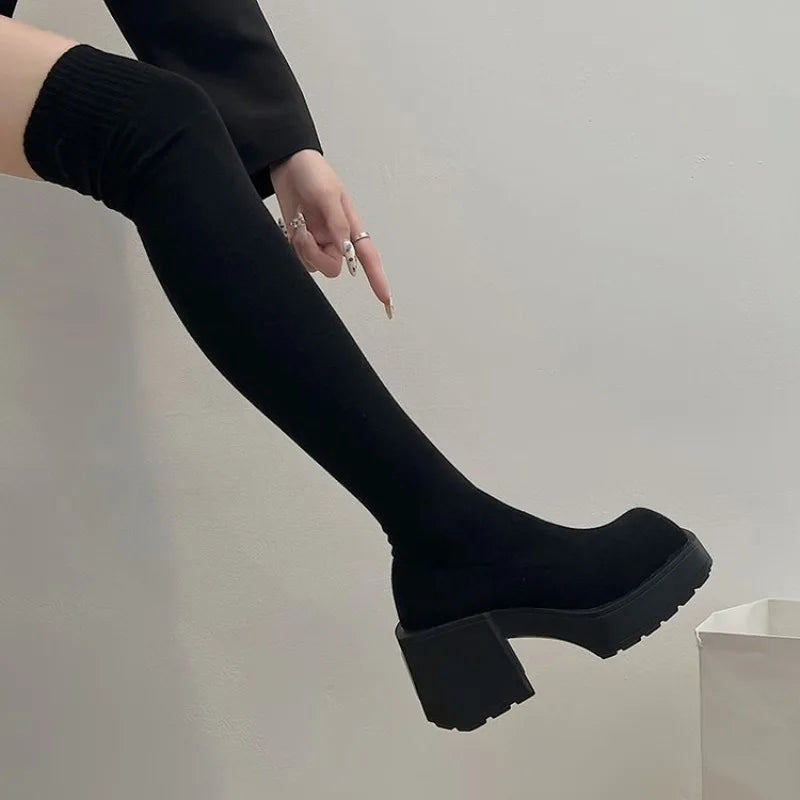 Size 35-40 Winter Women's Over The Knee Sock Boots Stretch Knitted Thick Heels Long Boots Woman Slip On Platform Shoes