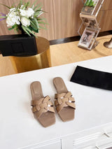 Summer Women's Slippers Genuine Leather Square Toe Open Toe Flat Bottom Fashion Party Shoes Plus Size 34-44 Outdoor Beach Shoes