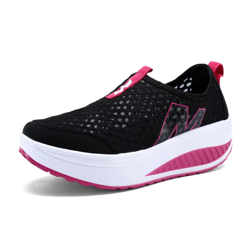Women Mesh Flat Shoes Sneakers Women Swing Wedge Hollowed Out Slip-on Shoes Women Platform Breathable Lightweigt Vulcanization