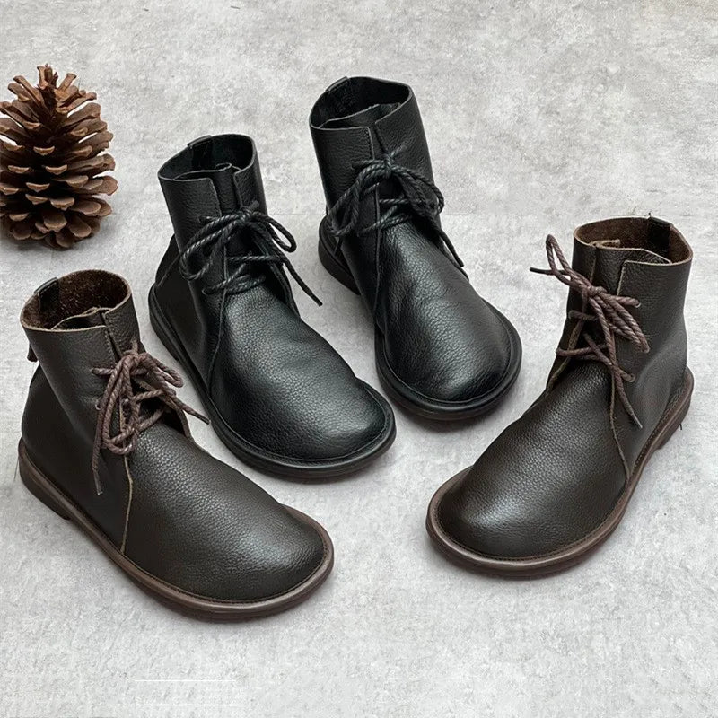 Johnature Retro Genuine Leather Short Boots 2025 New Casual Round Toe Versatile Solid Color Women's Soft Cowhide Soft Sole Shoes