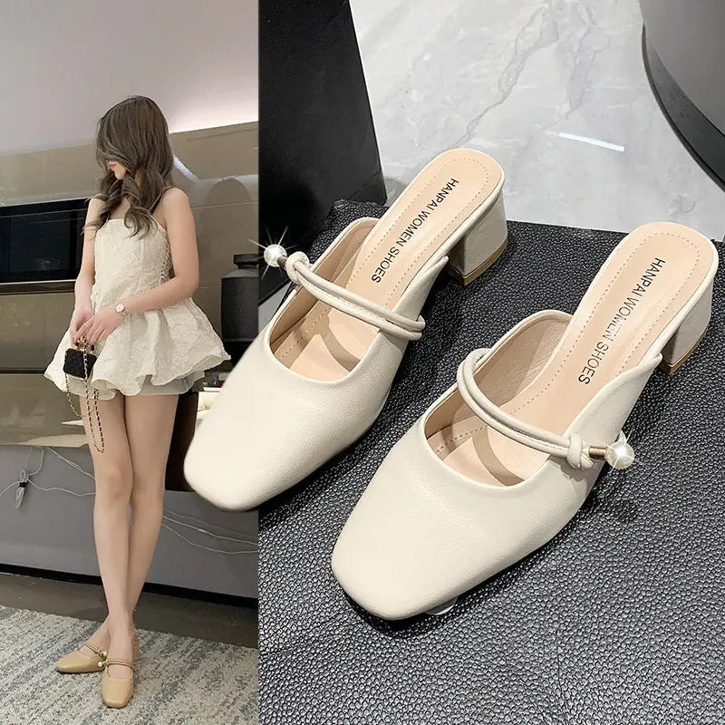 Slippers Baotou Half Slippers Fashion Retro With Skirt White Non-slip Sandal Slippers high heels