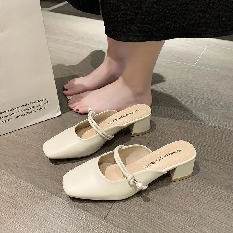 Slippers Baotou Half Slippers Fashion Retro With Skirt White Non-slip Sandal Slippers high heels